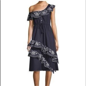 Sea New York Marguerite One Shoulder Embroidered Ruffle Midi Dress Navy Boho